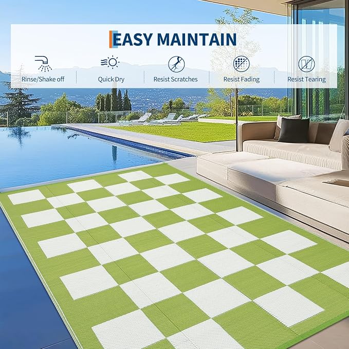 GarveeHome Waterproof Outdoor Rug 9 x 12 Large Modern Checkboard Plastic Straw Rug, Foldable Reversible Camping Mat, UV-Resistant Geometric Plaid Woven Carpet for Picnic, Deck, Green White