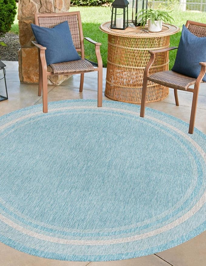 Unique Loom Outdoor Border Collection Area Rug - Soft Border (13' Round, Aquamarine/ Ivory)