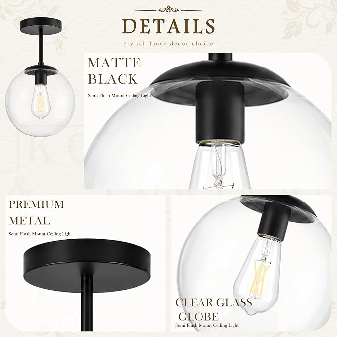 KoKo&Yukina Mid Century Modern Globe Semi Flush Mount Ceiling Light Fixture Clear Glass with Finish Black Globe Ceiling Light for Aisle Porch Stairway Closet Kitchen Laundry Room(Bulb Incl.)