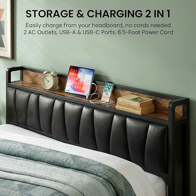 LIKIMIO California King Bed Frame, Storage Headboard with Charging Station, Solid and Stable, Noise Free, No Box Spring Needed, Easy Assembly (Vintage and Black)