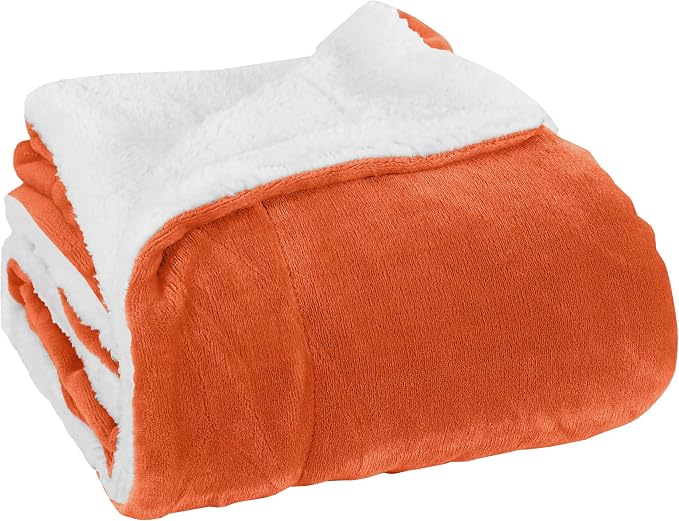 Elegant Comfort Luxury Ultra-Plush Velvet Touch Fleece Throw Soft, Warm, Cozy| Micromink Sherpa-Backing Reversible Blanket for Bed, Sofa and Couch, Solid Orange