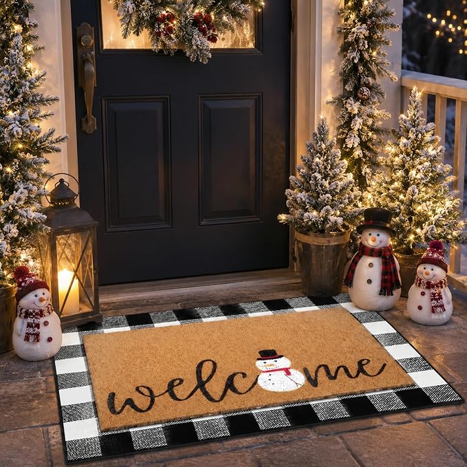 Tinideya 2 Pcs Winter Door Mat Snowman Welcome Non Slip Coir Mats Snow Black White Buffalo Plaid Floor Layering Doormats Seasonal for Front Porch Entryway Decor(Snowman)