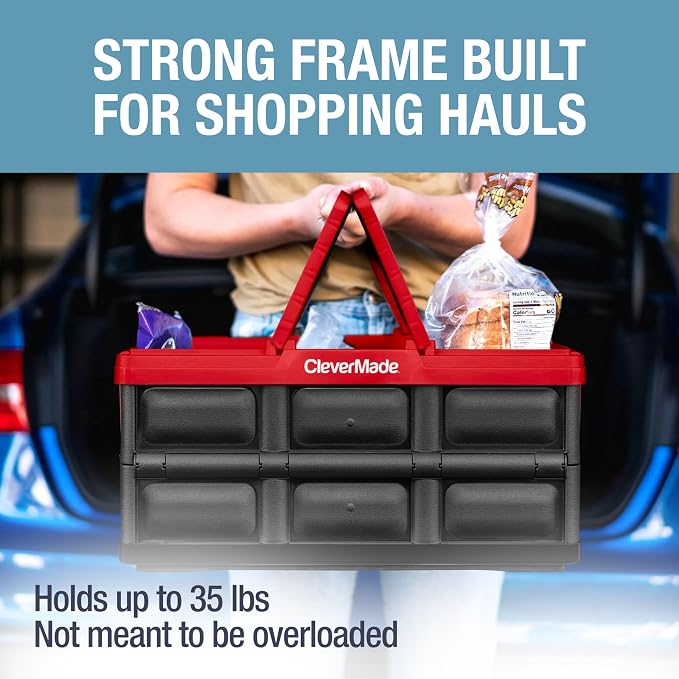CleverMade Collapsible Shopping Basket, 32L, Recycled Plastic, Red | Rigid walls support up to 35 lb, while top and side handles balance heavier grocery, laundry, or gear loads.