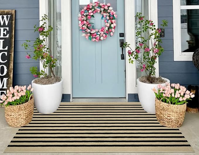 Tan and Black Outdoor Rugs 3'x5',Machine Washable Porch Rugs Cotton Woven Indoor Outdoor Layered Door Mats Small Area Rug for Home Entrace Decor/Bedroom/Entryway
