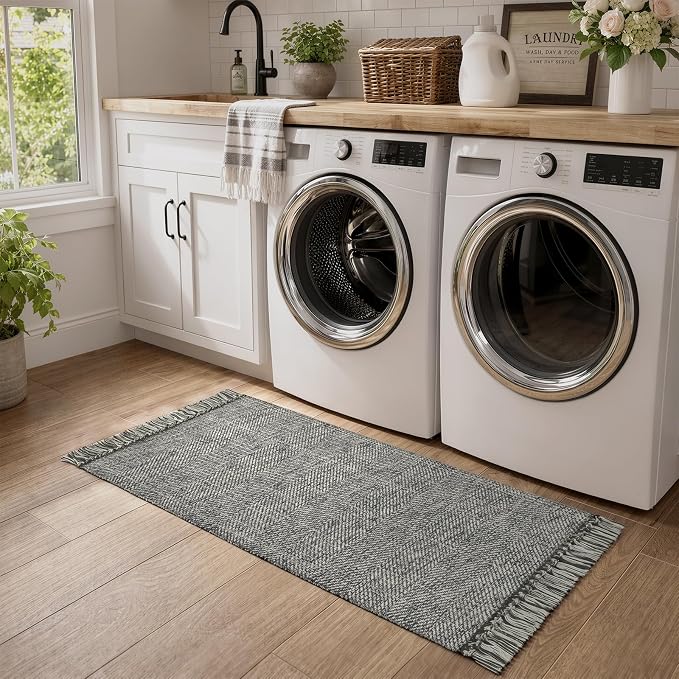 Collive Bathroom Runner Rug, 2' x 5' Modern Farmhouse Kitchen Runner Rug Hand-Woven Entryway Rugs Runners for Hallway, Gray Boho Washable Laundry Carpet Indoor Front Door Mat for Bedroom Decor