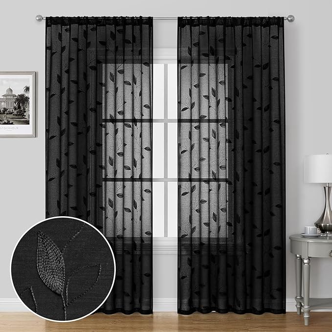 HOMEIDEAS Black Sheer Curtains 52 X 96 Inches Length 2 Panels Black Embroidered - Image 2