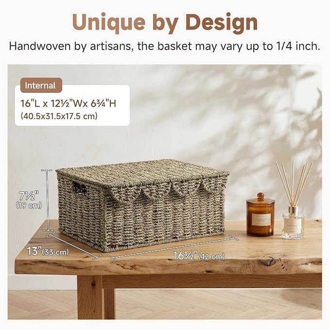StorageWorks Wicker Basket with Lid, Scalloped Edge Woven Basket, Seagrass Storage Baskets with Lid, Scalloped Baskets for Shelves, Decorative Storage Boxes, 16½" L X 13" W X 7½" H