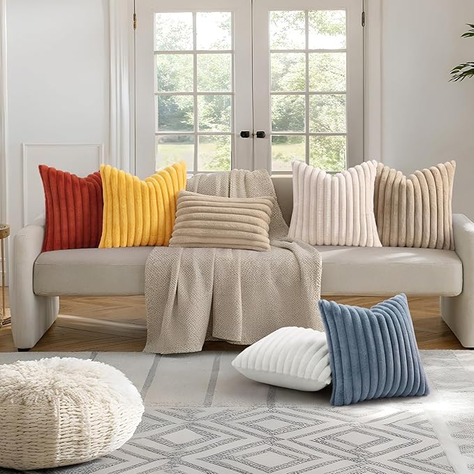 decorUhome Summer Cozy Faux Fur Throw Pillow Covers 20x20 Set of 2 Decorative Soft Plush Striped Modern Farmhouse Boho Couch Pillow Cases with Velvet Back for Sofa Bed Living Room, Cream White
