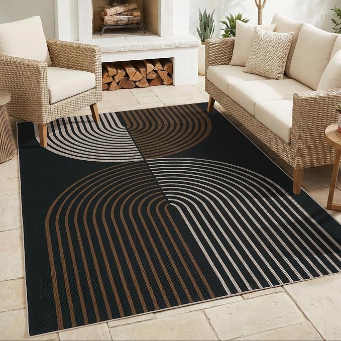 COZYLOOM 4x6 Striped Rainbow Outdoor Rug, Washable Easy Jute Rug for Living Room, Stain Resistant Non Shedding Neutral Area Rugs with Non Slip Backing for Bedroom, Entryway, Patio, Black Brown