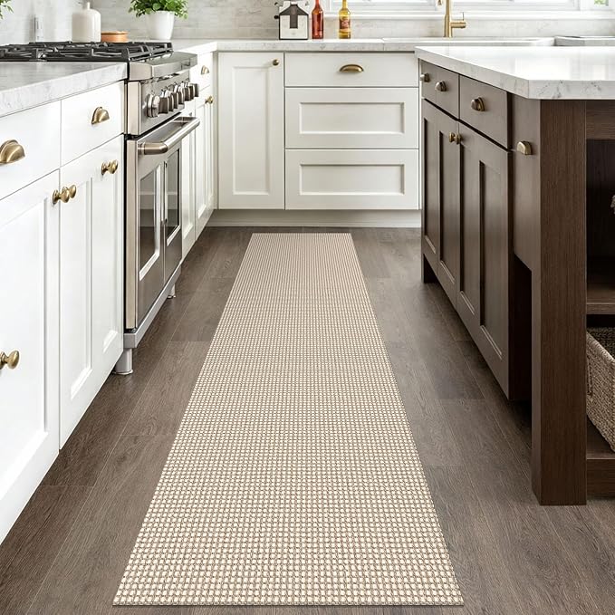 IOHOUZE Washable Runner Rug 2x8 Non Slip Rubber Backed Hallway Runner Entryway Runner Indoor, Kitchen Rugs Woven Cotton Floor Carpet for Kitchen Hall Entrance Bedroom, Cream/Beige