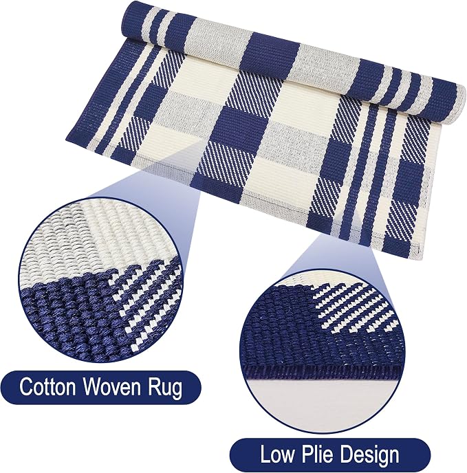 Buffalo Plaid Runner Rug 3x10 Feet Navy and Off White Hallway Runner Rug Cotton Woven Rug Farmhouse Checkered Rug Washable Runners for Entryway Kitchen Bedroom Living Room