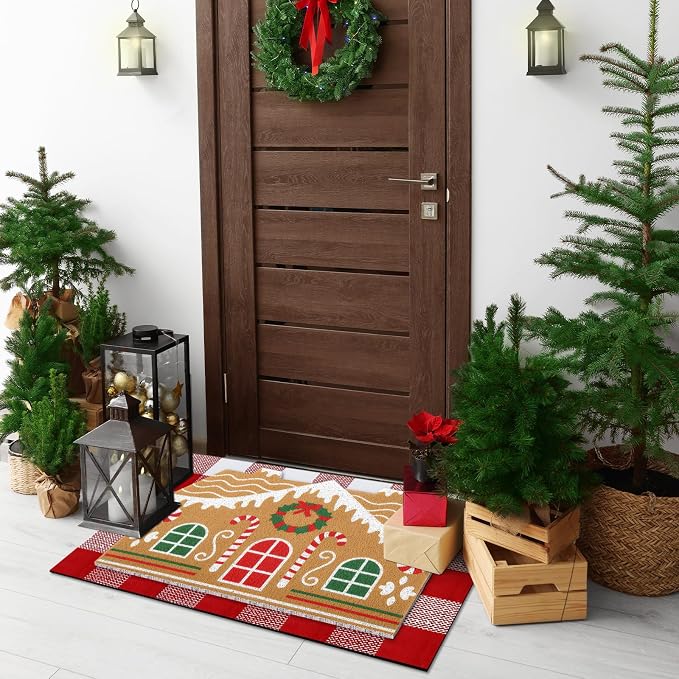 Tinideya 2 Pcs Door Mat Welcome Non Slip Coir Mats Floor Layering Doormats Seasonal for Front Porch Entryway Decor(Gingerbread House)
