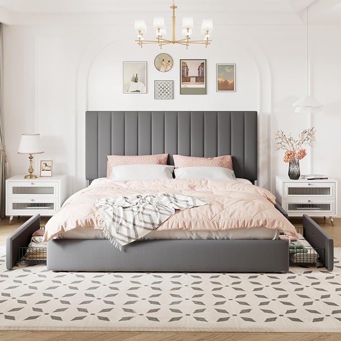 Allewie King Size Storage Bed Frame, Vertical Channel Tufted Adjustable Headboard, Velvet Upholstered Platform Bed with 4 Oversized Underbed Drawers, Wooden Slats Support, No Box Spring Needed, Grey