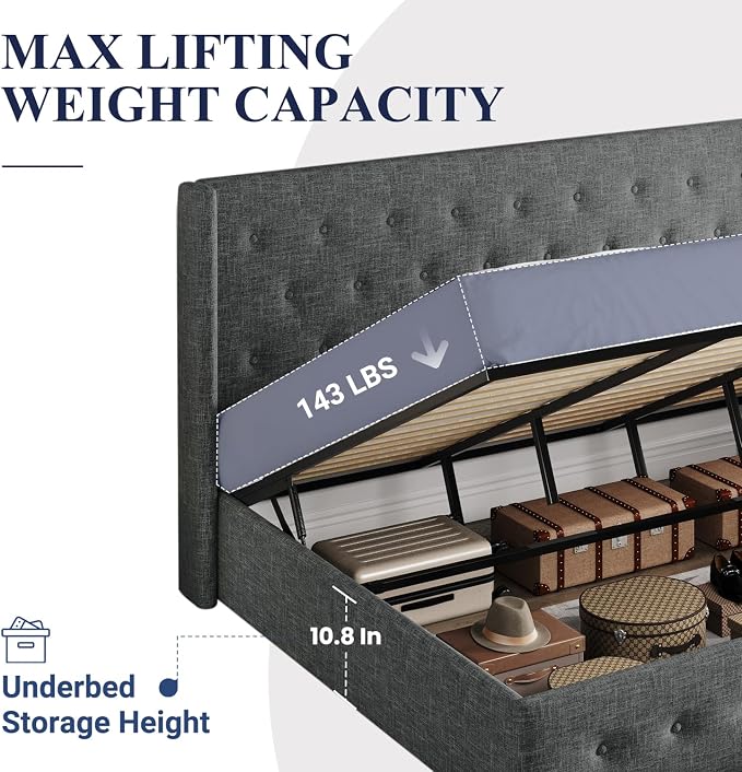 Allewie King Size Lift Up Storage Button-Tufted Bed Frame Dark Grey | Modern Wingback Headboard, Hydraulic Support Storage, No Box Spring Needed