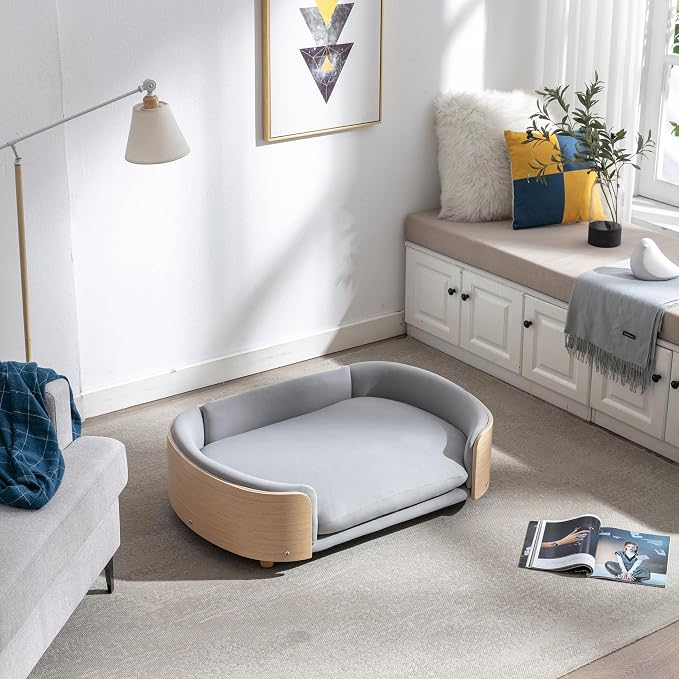 Hayaz Dog Bed Pet Sofa, House Dog Cat Bed, Large Size Pet Bed with Solid Wood Frame & Washable Velvet Cushion, Modern Pet Furniture for Cats and Small to Medium Dogs, Light Gray+Natural