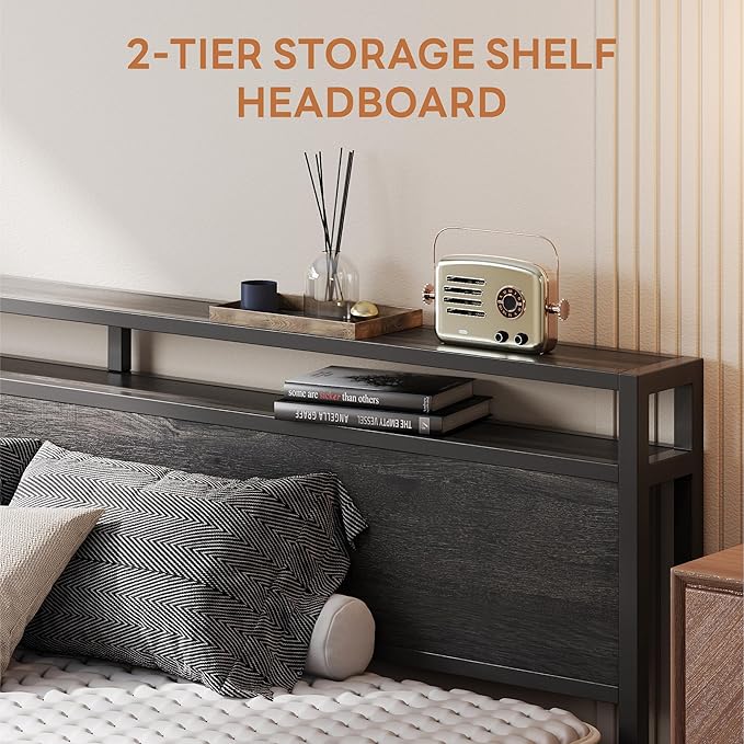 LIKIMIO King Size Bed Frame with 2-Tier Storage Shelf Headboard | Dark Wood Platform Bed, Camas King with Strong Metal Supports, Sturdy, Noise-Free, No Box Spring Needed, Grey