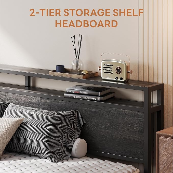 LIKIMIO California King Bed Frames with 2-Tier Storage Shelf Headboard | Dark Wood Platform Bed, Camas California King with Strong Metal Supports, Sturdy, Noise-Free, No Box Spring Needed, Grey