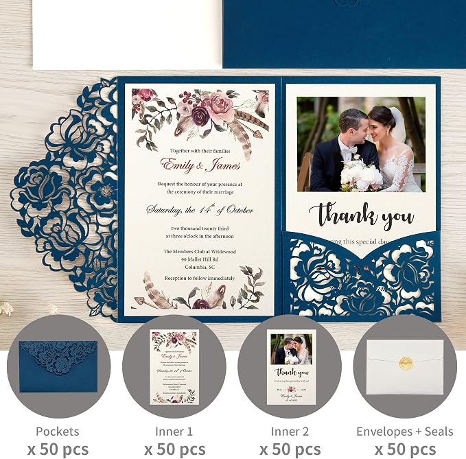 DORIS HOME 50Pcs Personalized Laser Cut Wedding Invitations, Blue | 4.7"x7.1", Customized Anniversary Invitations, With Envelopes