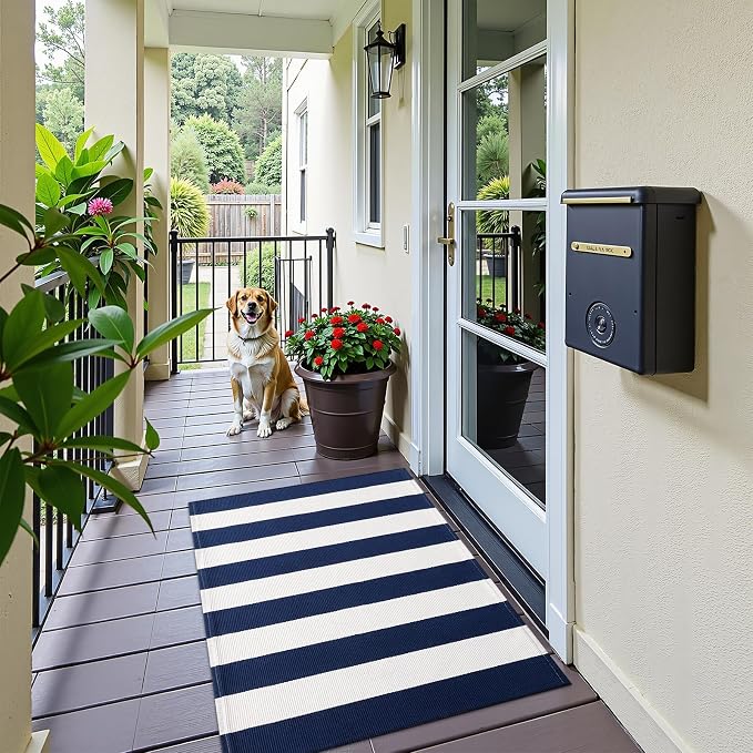 OLANLY Navy and White Striped Rug 2'4" x 3'7" (27.5" x 43") – Washable Cotton Indoor Outdoor Doormat for Front Door, Entryway, Kitchen, Porch, Patio Decor