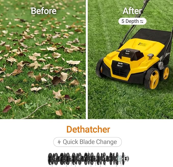 Cordless Lawn Dethatcher and Scarifier Compatible with Dewalt 20V Battery | Tool Only, 15" Electric Brushless Dethatcher, 40V Dual Battery Powered, Air Boost Technology, 12-Gal Collection Bag, 5 Depths