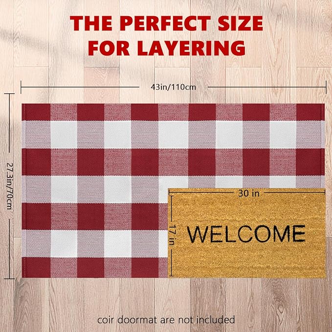 Buffalo Plaid Area Rug, Checkered Rug 27.5x43 Inches, Red and White Rug, Washable Cotton Mat for Front Porch, Entryway, Kitchen, Living Room, Home Decor