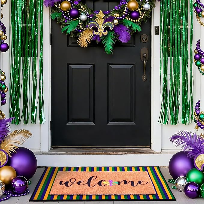2 Pcs Mardi Gras Welcome Doormat, Welcome Mardi Gras Masks Mat, Carnival Fleur De Lis Non Slip Coir Mat Floor Striped Layering Doormats Seasonal for Front Porch Entryway Decor 24" x 32"