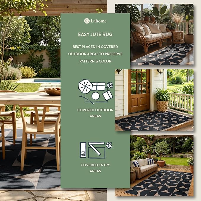 Lahome Semi Circle Front Porch Rug, Black 3x5 Easy Jute Outdoor Patio Rug | Farmhouse Neutral Washable Non Slip Non Shedding Door Mat for Entryway Layering Office