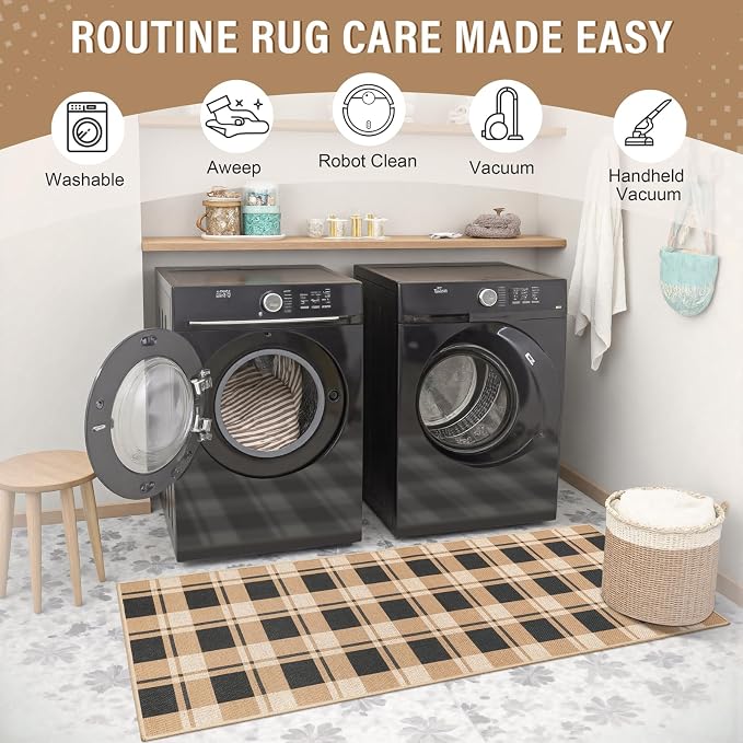 AROGAN Checkered Jute Runner Rug for Hallway, 2x8 Kitchen Runner Washable Rugs Carpet, Long Farmhouse Design Geometric Rugs for Entryway Indoor Laundry Welcome Mat 8 Ft Entry, Black and Brown