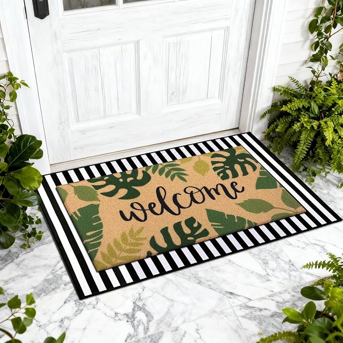 Tinideya 2 Pcs Summer Palm Leaf Door Mat Tropical Leaves Welcome Non Slip Coir Mats Rainforest Floor Layering Doormats Seasonal for Front Porch Entryway Decor(Tropical Leaves)