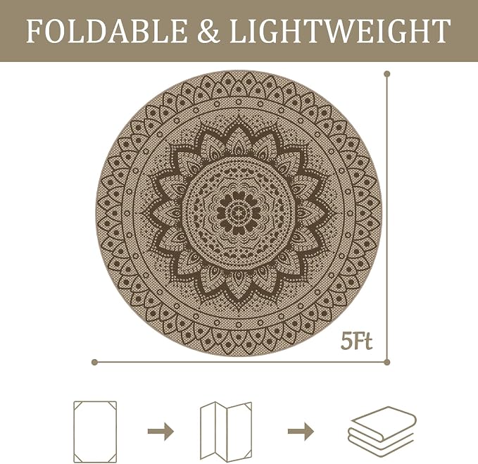 Faux Jute Outdoor Round Rug, 5ft Washable Indoor Outdoor Patio Rug, Brown Non Slip Round Area Rug Farmhouse, Boho Carpet for Backyard Patio