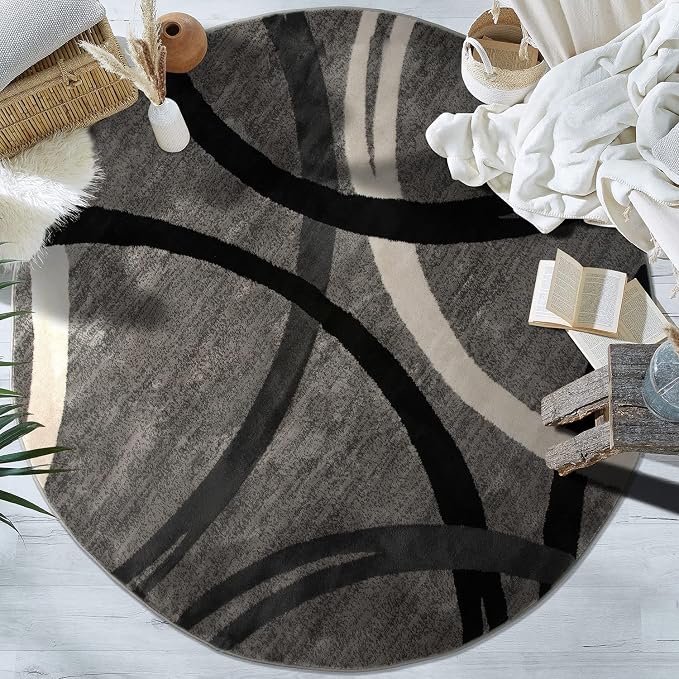 Rugshop Wavy Circles Jute Backing Living Room Bedroom Round Rug Gray 6'6" | Round, Size 6'6", Dining Room, Home Office, Kitchen, Entryway, Hallway, Nursery, Kids Room, Guest Room, High Traffic Area