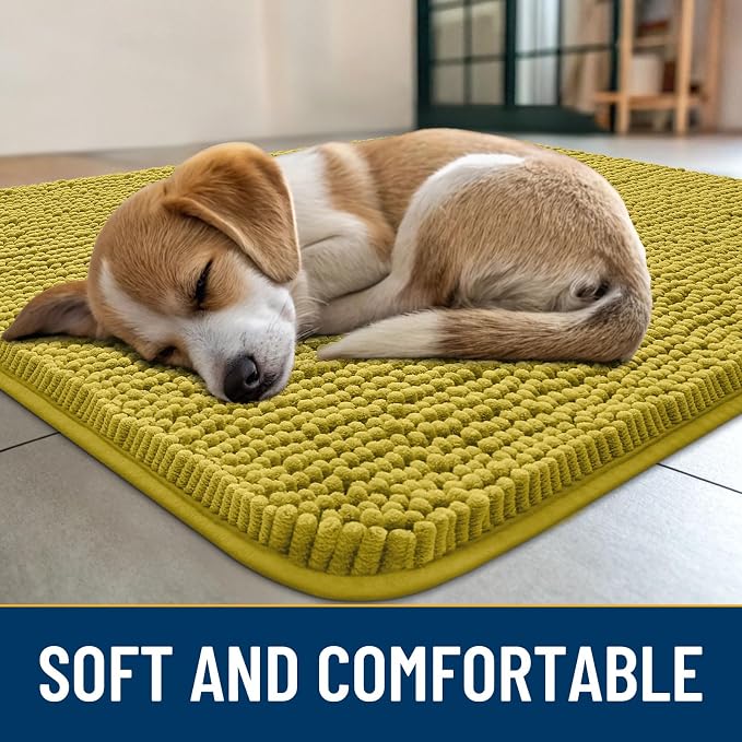 Smiry Dog Door Mat for Muddy Paws 36x24, Absorbent Dirt Trapper, Non-Slip Washable Chenille Entryway Rug for Inside Floor, Mustard Yellow, Classic Solid