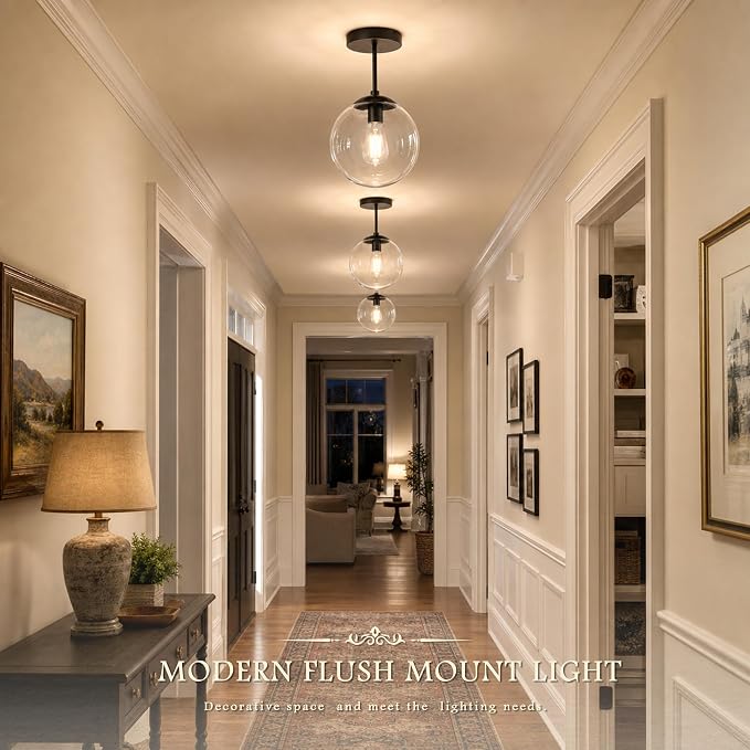 Globe Semi Flush Mount Ceiling Light Clear Glass Globe Ceiling Light Matte Black Finish Contemporary Mid Century Modern Style Lighting Fixture Hallway Living Room Kitchen Bedroom Storage (Bulb Incl.)
