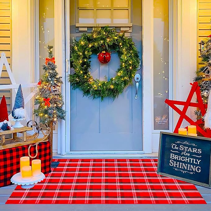 Ckorzen Red Green and White Plaid Rug,3' x 5' Christmas Front Porch Outdoor Rug, Handwoven Cotton Washable Rug for Layered Door Mats, Holiday Entryway and Home Décor