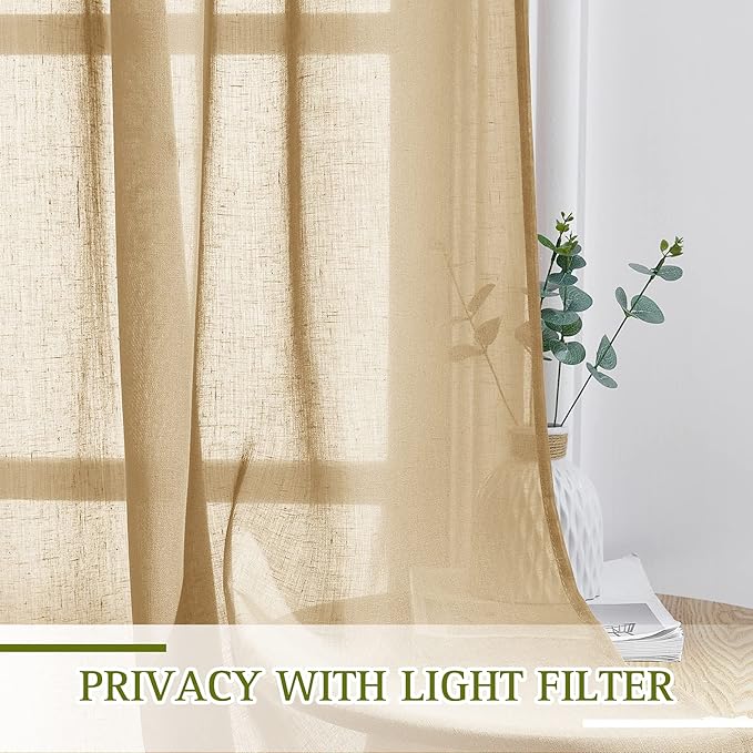 NICETOWN Linen Textured Semi Sheer Bedroom Curtains, Grommet Top Casual Thick Semitransparent Flax Sheer Window Treatment Privacy for Living Room, Camel, W52 x L72, Sold by 2 Panels