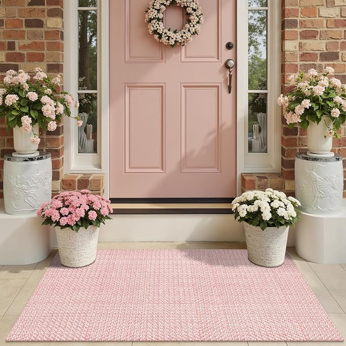 Rugalia Pink Woven Indoor Outdoor Doormat, 2x3 Washable Cotton Small Entryway Rug Low Pile Non-Slip Kitchen Rug, Modern Farmhouse Natural Throw Rug for Porch Bathroom Entrance Bedroom