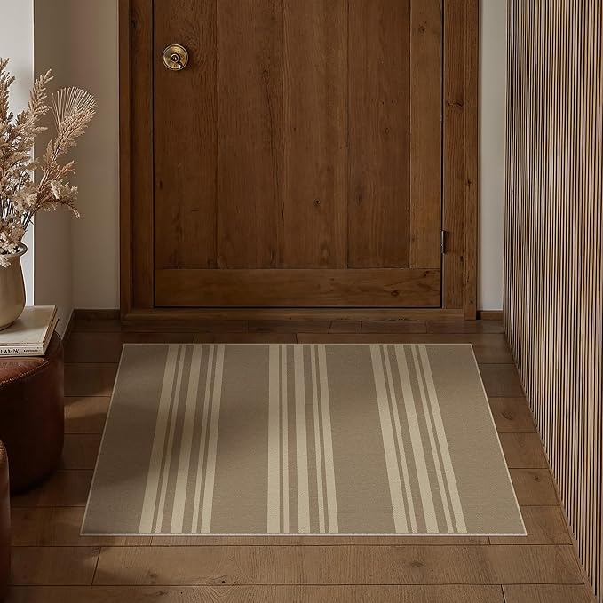 PureCozy Striped Easy Jute Rug 2x3 Khaki Entryway Carpet Washable Non Slip Door Mat Farmhouse Neutral Non Shedding Entry Small Indoor Outdoor Rug for Kitchen Bedroom Mudroom Bathroom