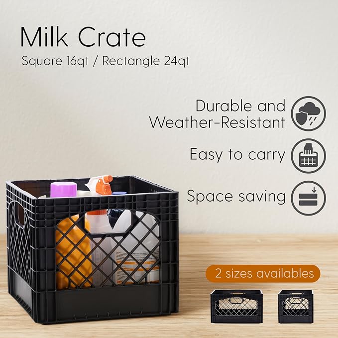 Rectangular Plastic Milk Crate Storage Tote with Handles, 24-Quart Stackable Organizer for Garage, Home, and Office, Made in the USA, 19" x 13" x 11" (3-Pack) - Black