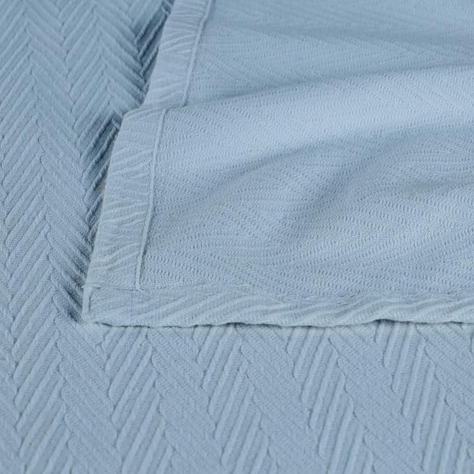 Superior Metro All-Season Cotton Blanket, Woven Blanket for Couch, Bed, Bedding, Farmhouse, Home Essentials, Cute and Cozy Bohemian Blankets, Herringbone Weave, Twin Size, Light Blue