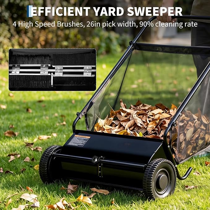 Steel 26 Inch Push Lawn Sweeper with 7 Cu ft Hopper Bag | Walk Behind Heavy Duty Leaf Collector and Yard Sweeper, Adjustable Brush Height for Patio Driveway & Garden Grass