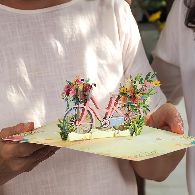 Paper Love Pop Up Cards 2 Pack - Includes 1 Spring Flower Bike and 1 Sunflower, For All Occasions, Mother Day, Birthday, Just Because- Includes Envelope and Note Tag