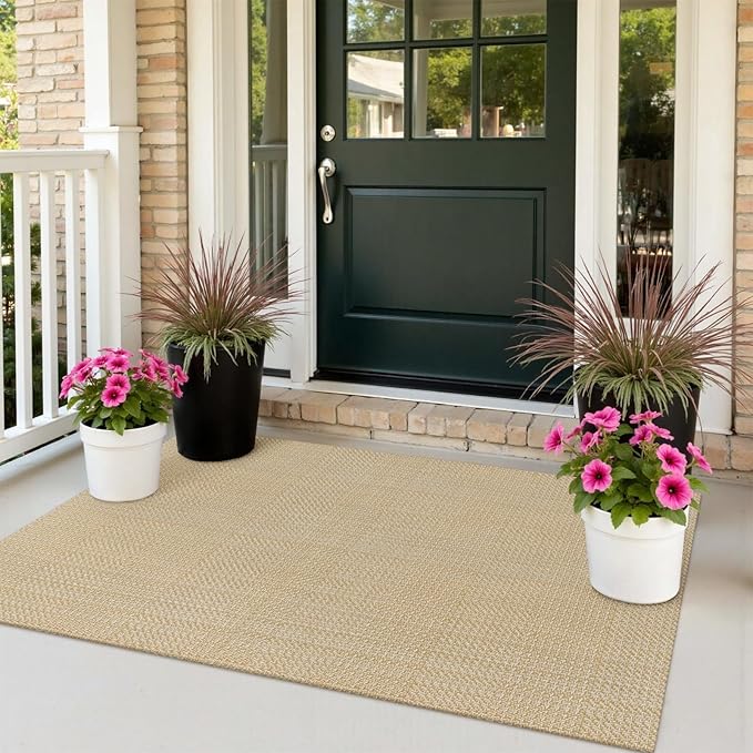 Rugalia Washable Woven Entryway Rug 3x5, Natural Beige Cotton Indoor Outdoor Doormat Low Plie Non-Slip Kitchen Mat, Modern Farmhouse Neutral Floor Carpet for Porch Living Room Bedroom Patio