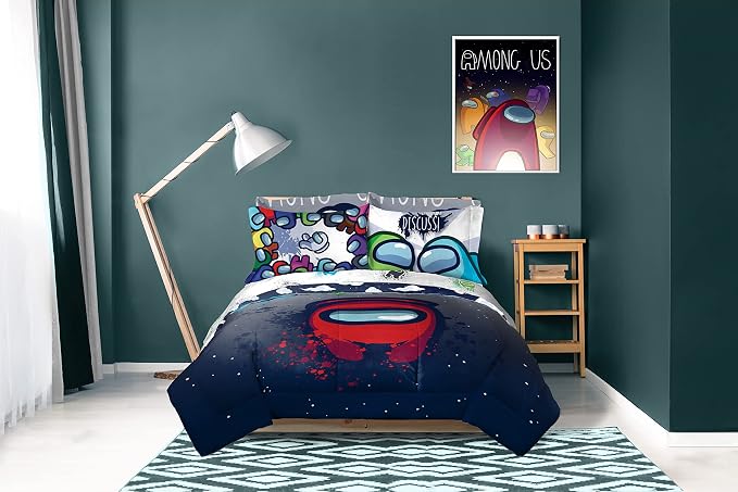 Among Us Queen Comforter Set 5 Piece Kids Video Game Bedding, Multi | Bed in a Bag, Comforter Sheets Pillowcases, Official Product, Soft Microfiber, Machine Washable, Easy Care, Kids Gift