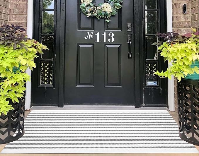 Grey and White Outdoor Rug 2'x4.3',Striped Front Porch Rug Cotton Woven Washable Indoor Outdoor Doormat Farmhouse Small Area Rug for Porch/Entryway/Home Entrance Decor