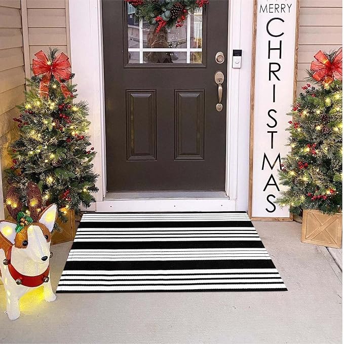 OJIA Front Door Mats 27.5"x43" Black and White Outdoor Rugs Porch Decor | Cotton Woven Front Door Rug Striped Area Rug Machine Washable Layered Doormats for Farmhouse/Kitchen/Entryway/Patio Decor