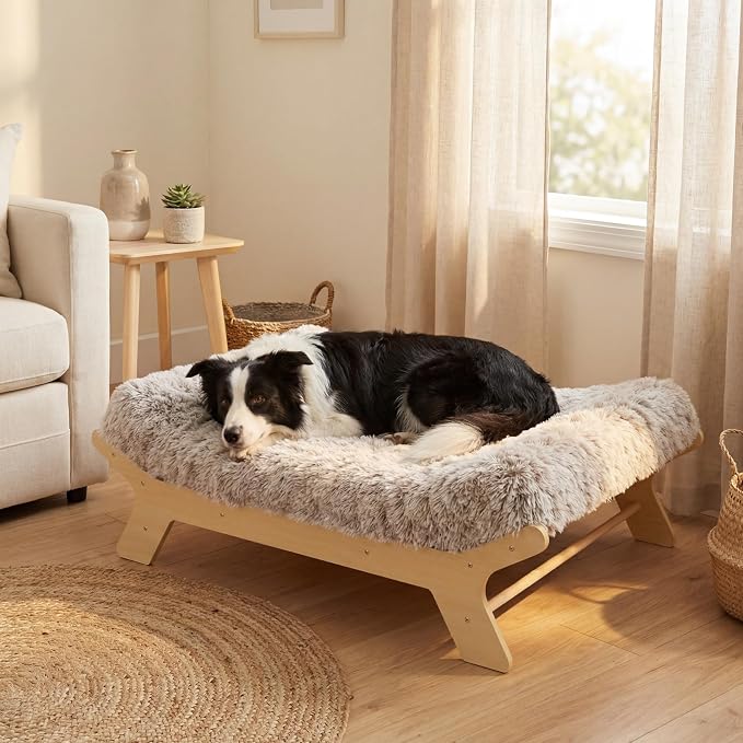 Muihood Elevated Wooden Dog Bed with Foam Mattress, Natural Wood, Large | Raised Dog Bed with Washable Cover, Supportive Foam Mattress, Perfect for Large Dogs and Indoor Living