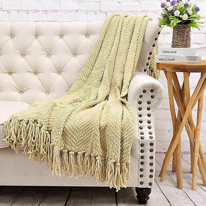 Home Soft Things Throw Blanket Knitted Tweed Throw 60'' x 80‘’, Light Camel, Super Soft Cozy Warm Comfortable Breathable Throw for Living Room Chair Couch Bed Sofa Bedroom Home Décor