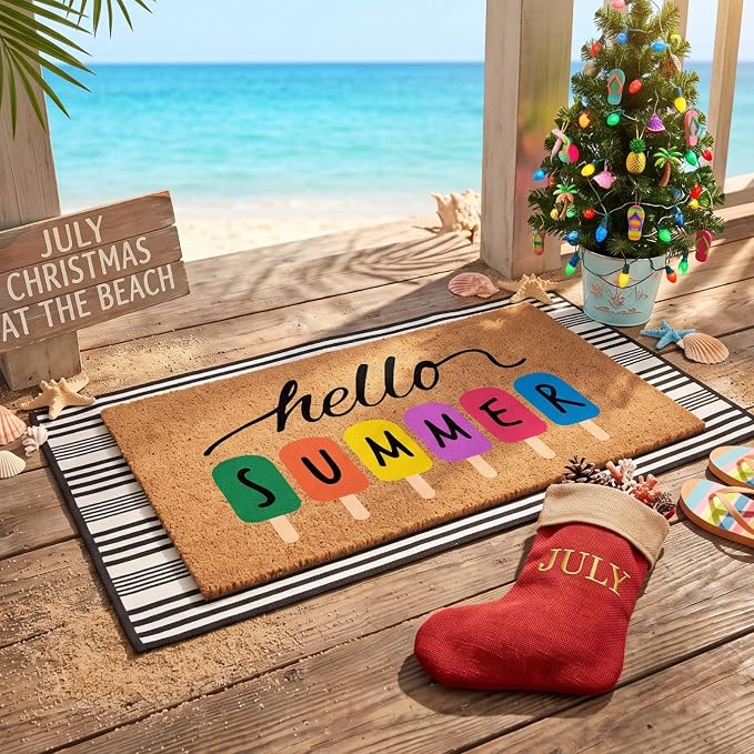 Moucuny 2 Pcs Summer Coir Door Mat 19" x47 Hello Summer Welcome Mats for Front Door Non Slip 56"x22" Black and White Rug Large Floor Layering Doormats for Front Porch Entryway Decor