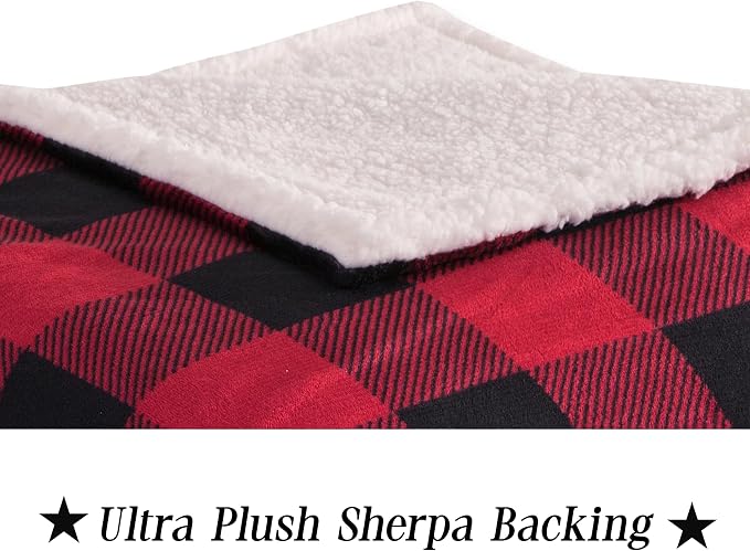 Elegant Comfort Luxury Ultra-Plush Velvet Touch Buffalo Plaid Fleece Throw - Soft, Warm, Cozy Micromink Sherpa-Backing Reversible Blanket for Bed, Sofa and Couch, Buffalo Burgundy