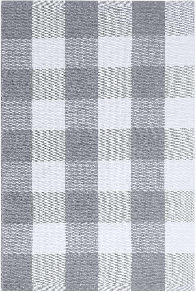 KOZYFLY Buffalo Plaid Area Rugs 2x3 Ft Grey and White Rug Washable Front Door Mat Woven Cotton Indoor Outdoor Rug for Front Porch Kitchen Entryway Patio Farmhouse Checkered Doormat